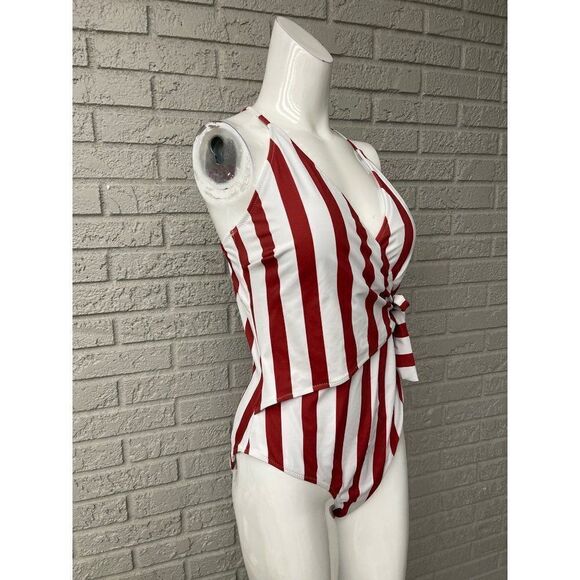 CUPSHE Rust & White Striped One-Piece Wrap Swimsuit Size XXL NWT - Picture 6 of 11